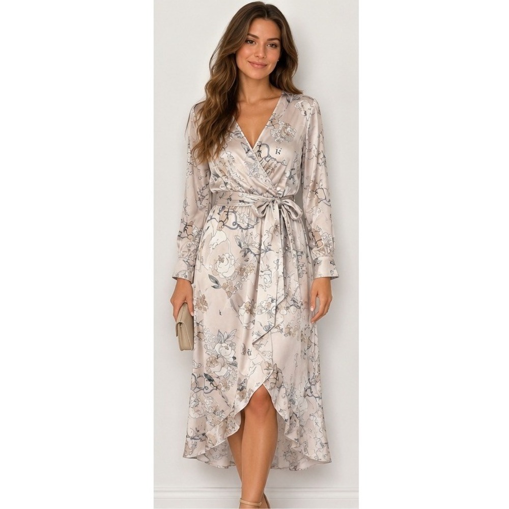 R Equestrian Horse Floral Satin Wrap Maxi Dress Women Size XL Old Money Romantic